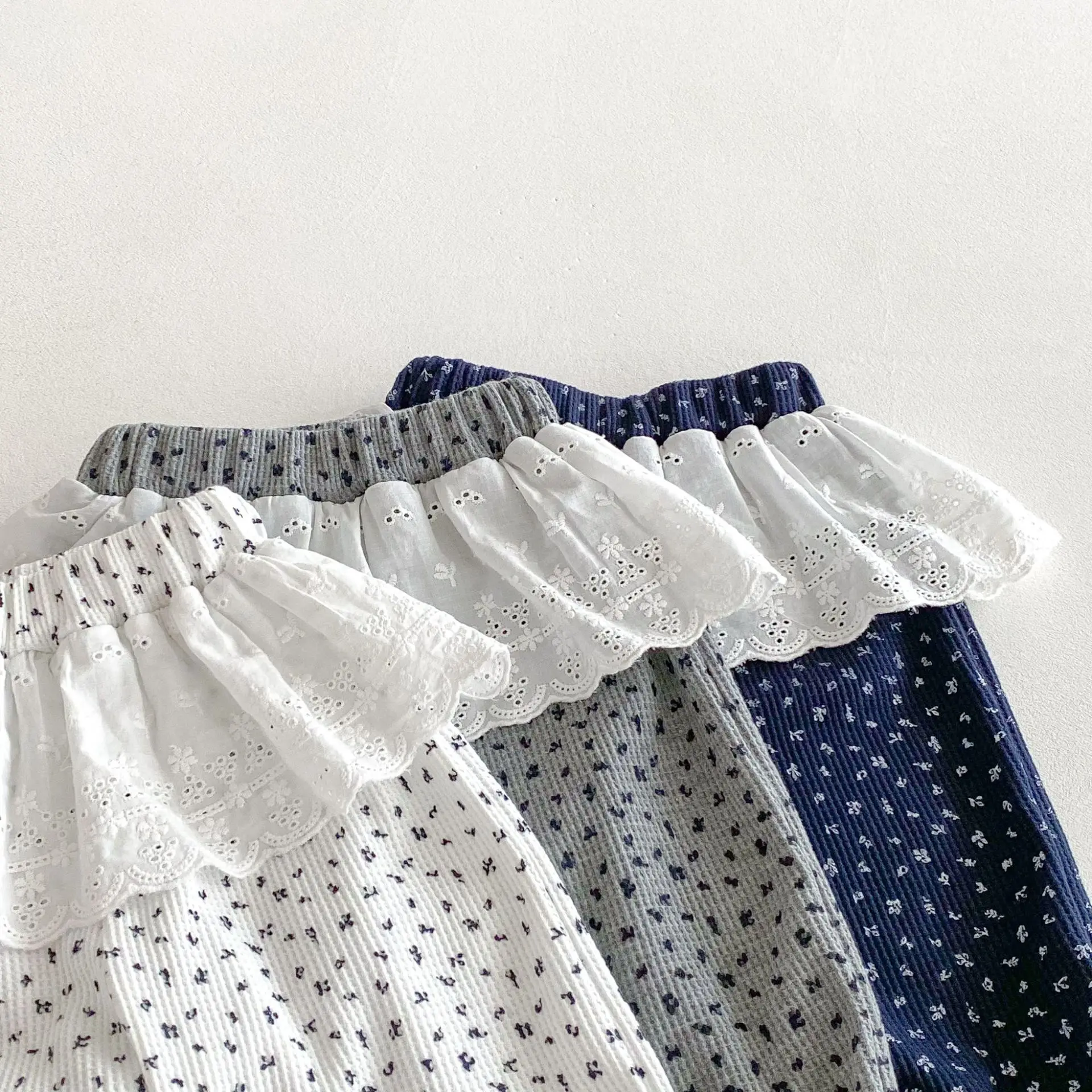 Girls Floral Print Waffle Trousers Autumn Kids Pants