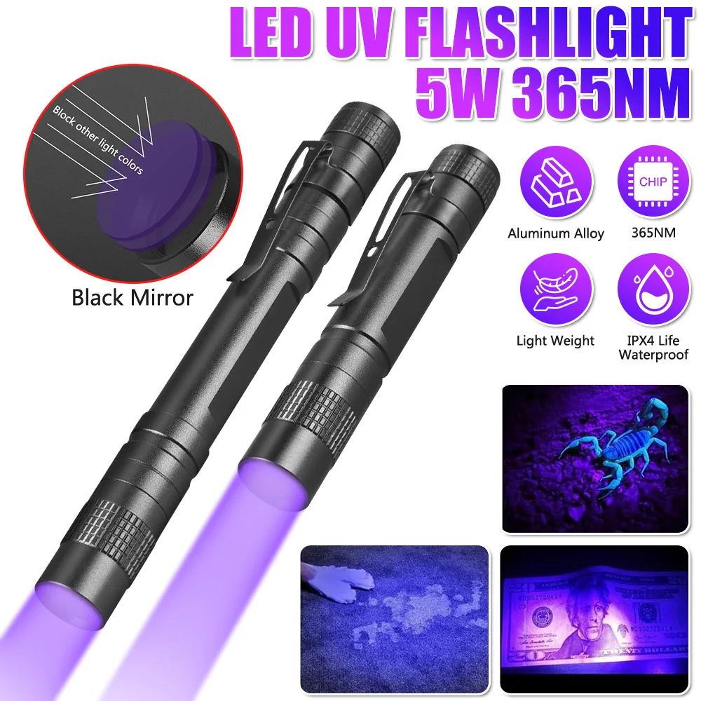 

E2 Mini 365nm UV Flashlight Purple Ultraviolet Blacklight Penlight With Clip Carpet Pet Urine Detector Catch Scorpions Linternas