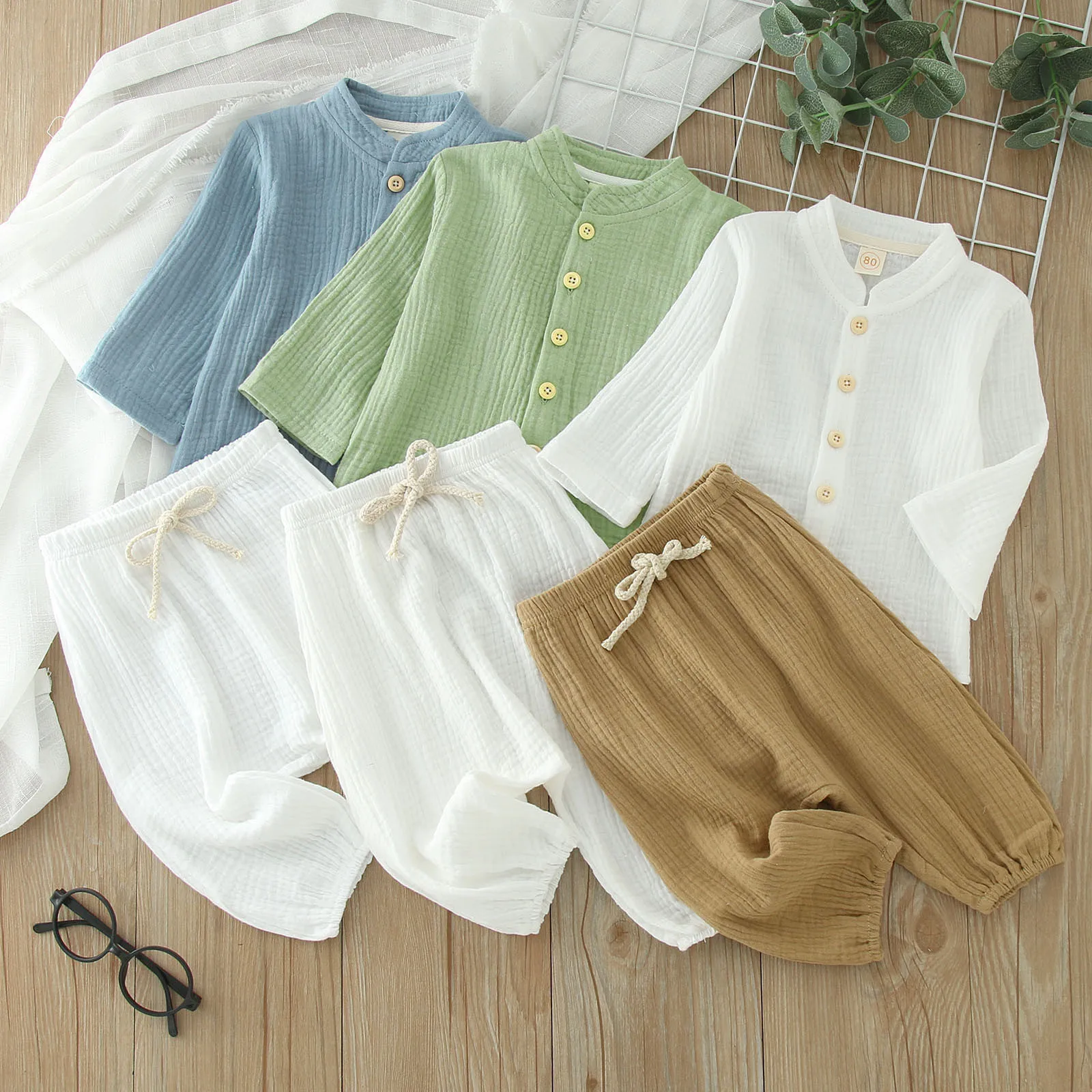 0-4Y Kids Boys Spring Fall Outfits Baby Solid Color Buttons Long Sleeve Shirts Tops + Elastic Waist Long Pants Boys Clothes Sets 5