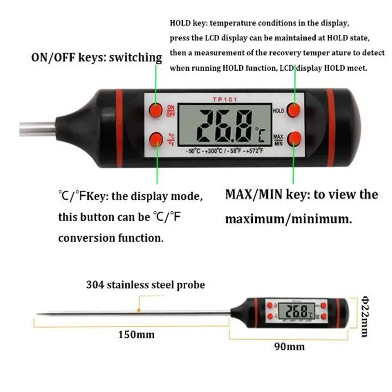 Electronic Thermometer Food Kitchen Oil Thermometer Electron Probe Liquid BBQ Baking Digital Display Temperature Pen Meter TP101 digital thermometer