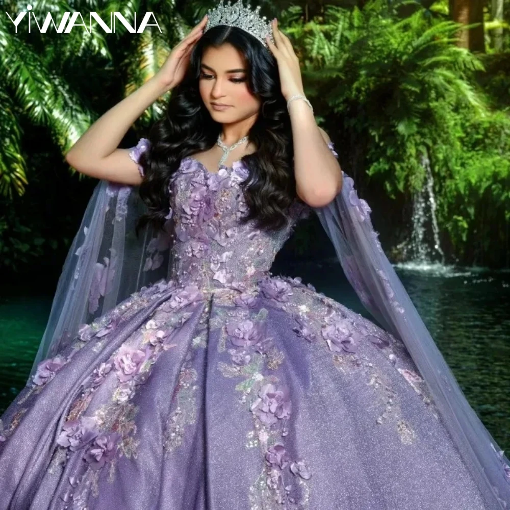 

Purple Sweetheart Neck Quinceanrra Prom Dresses Charming 3D Flower Princess Long Luxury Shiny Sweet 16 Dress Vestidos