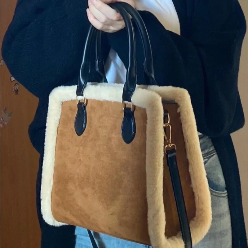 Retro Plush Commute Handheld Tote Bag Women Large Capacity Frosted Texture Shoulder Bag Ladies Casual Commute Crossbody Bag 2025