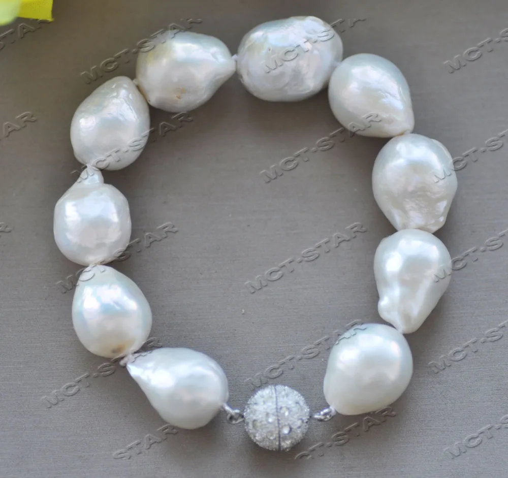 

Z12570 A+ 8" 18mm White Baroque Teardrop Keshi Reborn Pearl Bracelet CZ