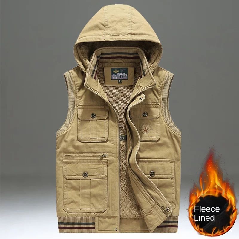 Autumn Men's Clothing Solid Color Casual Loose Vest Men's Multi Bag Work Clothes Fashion Camping Tactical Sports Vest Coat cotton vest,dress vests