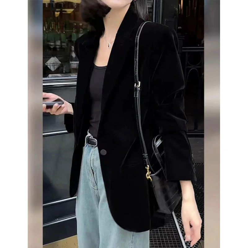 Autumn New Black Velvet Women's Blazer Fashion Long Sleeve Single Button Casual Loose Temperament Suit Top Female Outerwear 4