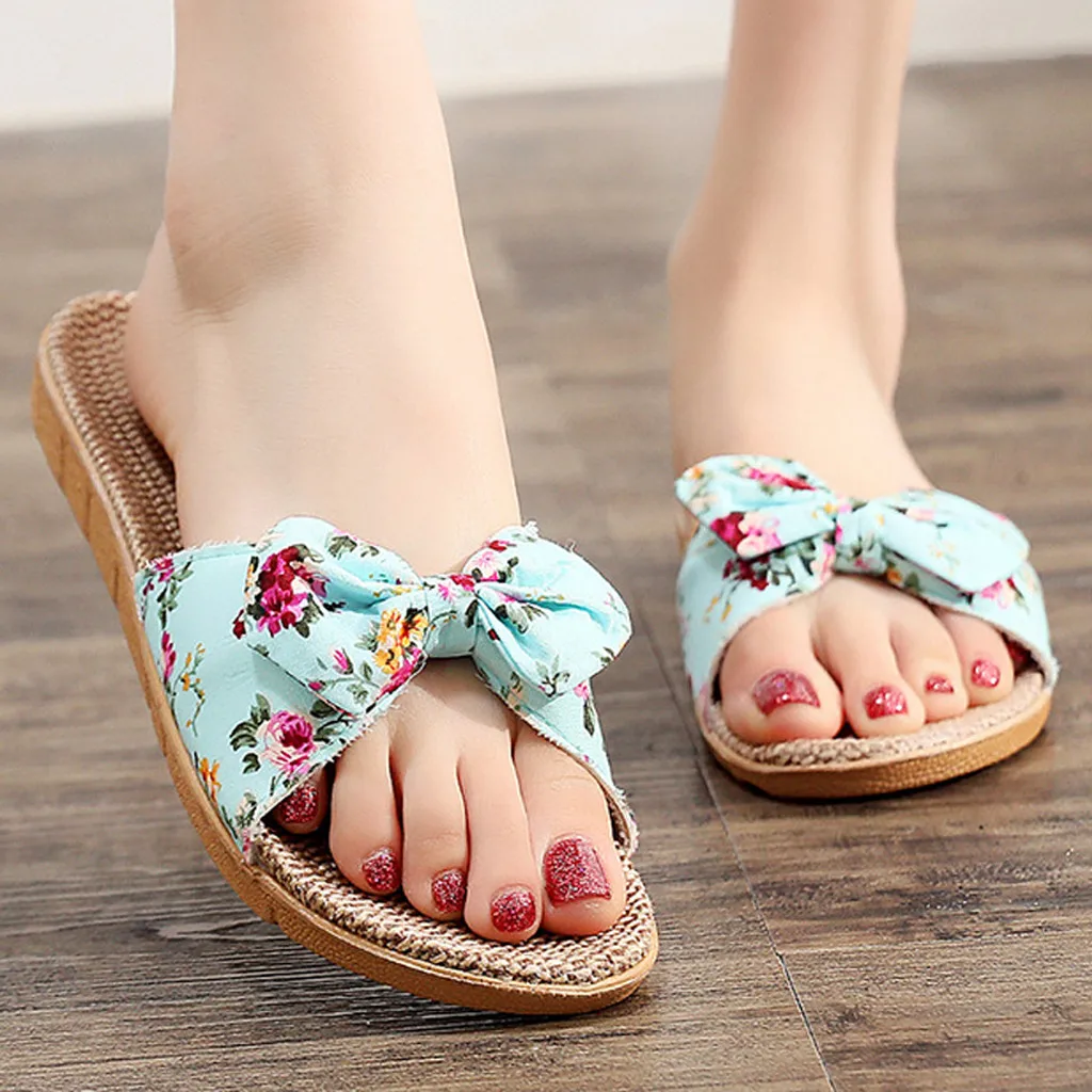 Ladies' Bohemian Style Bow Flower Linen Slippers Sandals Beach Shoes Home Shoes Beach Slippers Indoor Non Slip Shoes 2024