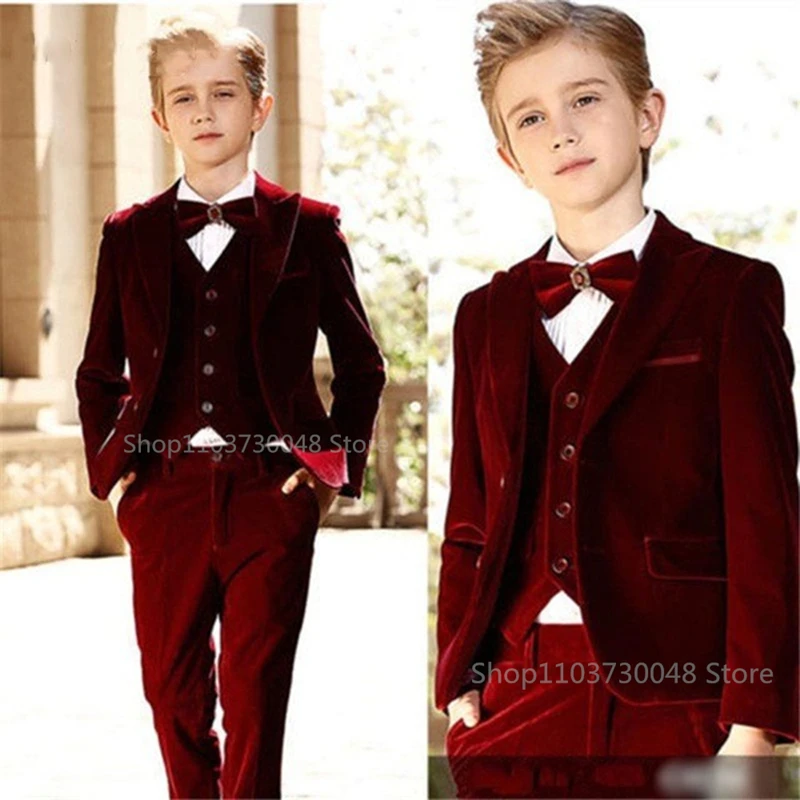 Burgundy Velvet Formal Boy Suit For Wedding Children Party Blazer Vest Pants Baptism Kids Costume Gentlemen Teenager Prom Tuxedo