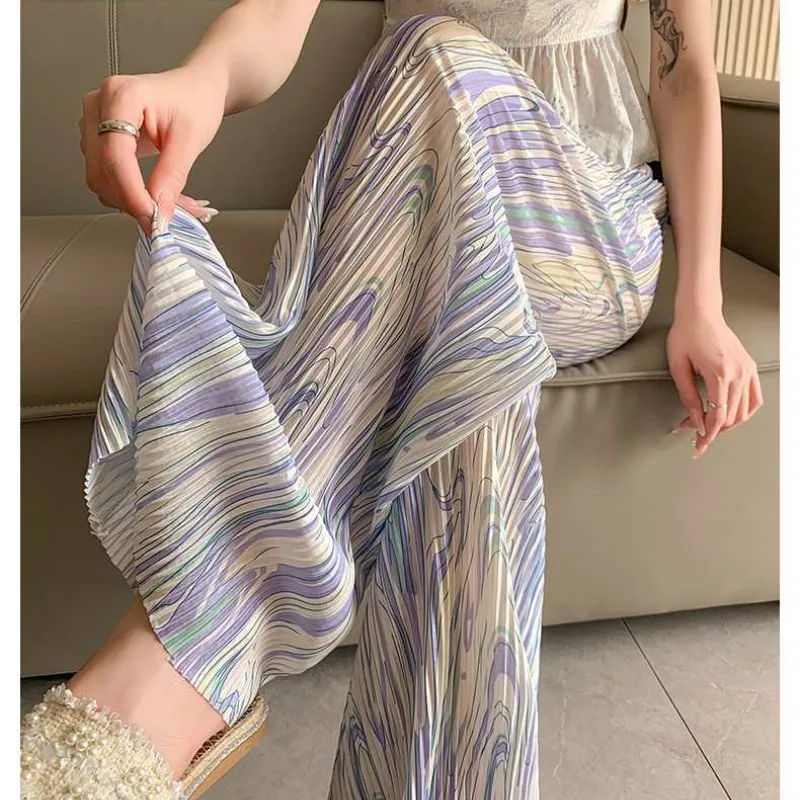 Summer Sweet Geometric Ruched Women's Thin Elasticized High-waisted Straight Tie Dye Casual Loose Wide Leg Floor Length Pants