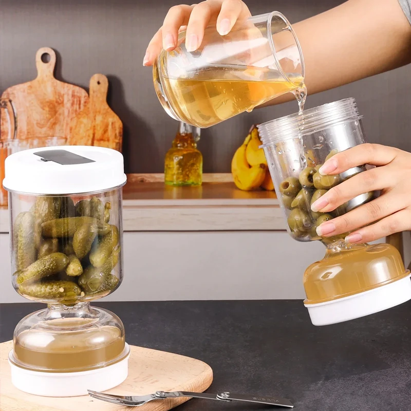 Tarro de pepinillos con tapas, colador de aceitunas, jarra de reloj de arena, almacenamiento de alimentos, contenedor Kimchi, tarro de pepinillos de separación húmeda y seca para el hogar