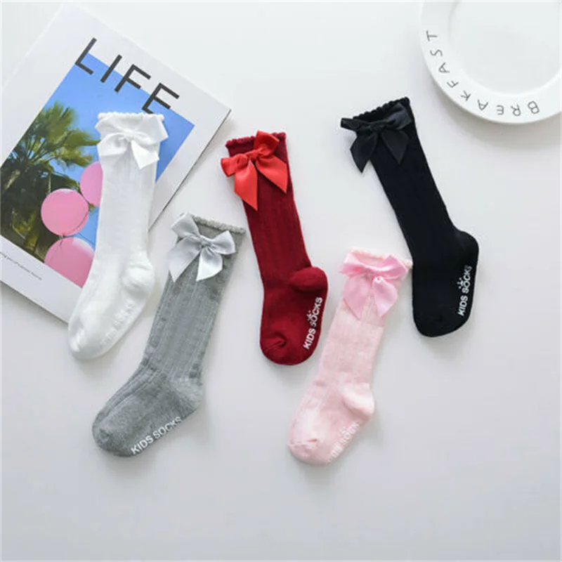 

Mildsown Toddler Baby Girls Tube Socks Solid Color Bow knot Letter Printing Knee High Bows Fashion Breathable Leg Warm Stockings