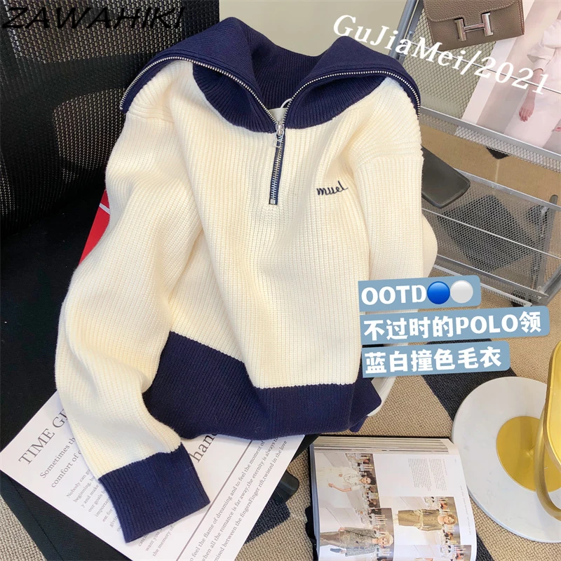 

ZAWAHIKI Spring Autumn Sailor Collar Contrast Color Chic Designed Women Sweater Fashion Long Sleeve Zipper Preppy Teens Tops