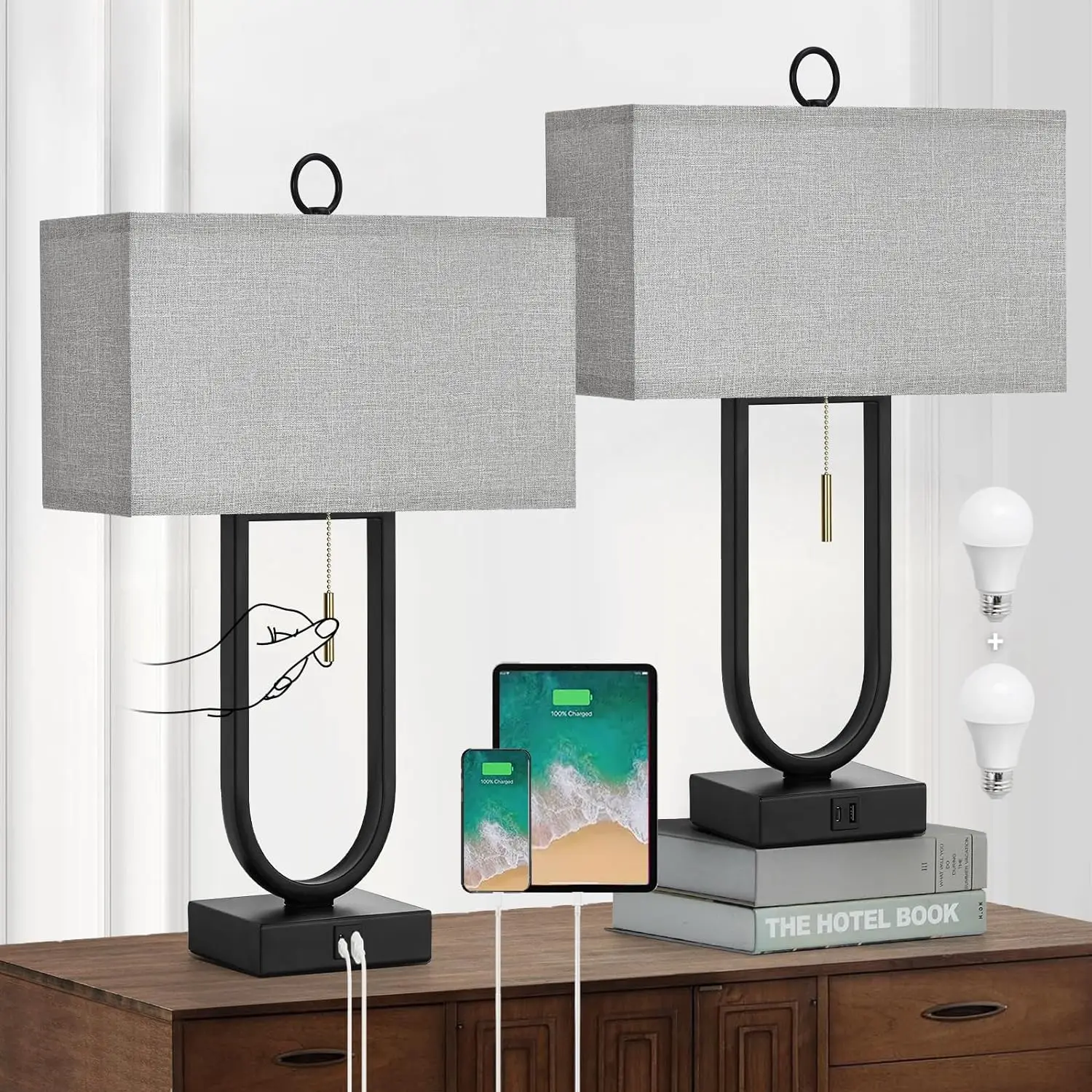 Nightstand Lamps Set of 2 USB C + A Ports 24'' Tall Table Lamp Two 3000K LED Bulbs Linen Lampshade
