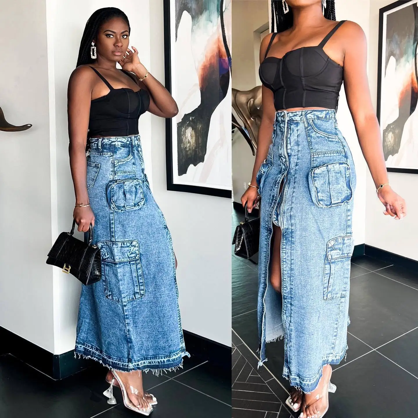 Casual Denim Skirts for Woman Solid Paneled Pockets High Waist Jean Skirt Sexy High Split Long Skirt Female Vintage Y2k Clothing