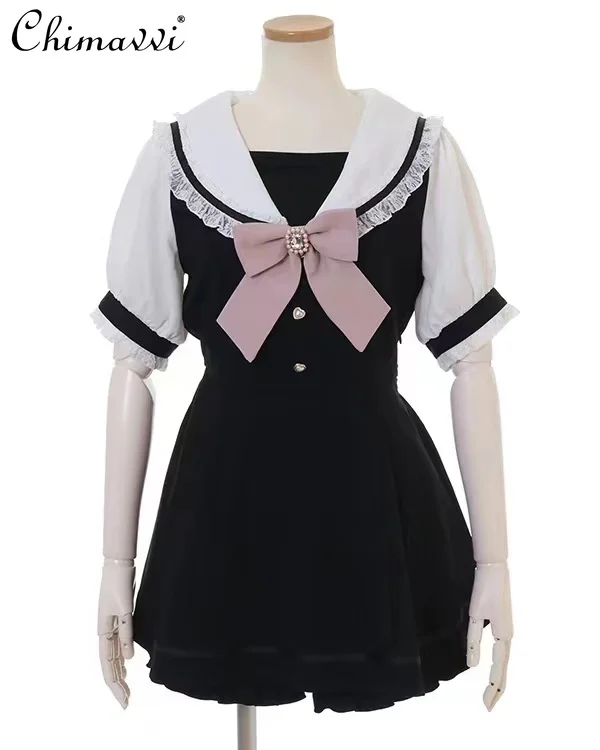 Rojita Outfits Japanese Sailor Collar Long Sleeve Shirt Blouse Shorts Suit for Women Spring Summer Lolita Bow Dress 2 Piece Set