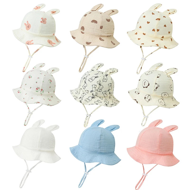 

Muslin Baby Sun Hat with Bunny Ears Cartoon Kids Bucket Hats for Girls Boys Toddler Infant Cap Baby Accessories 0-12M