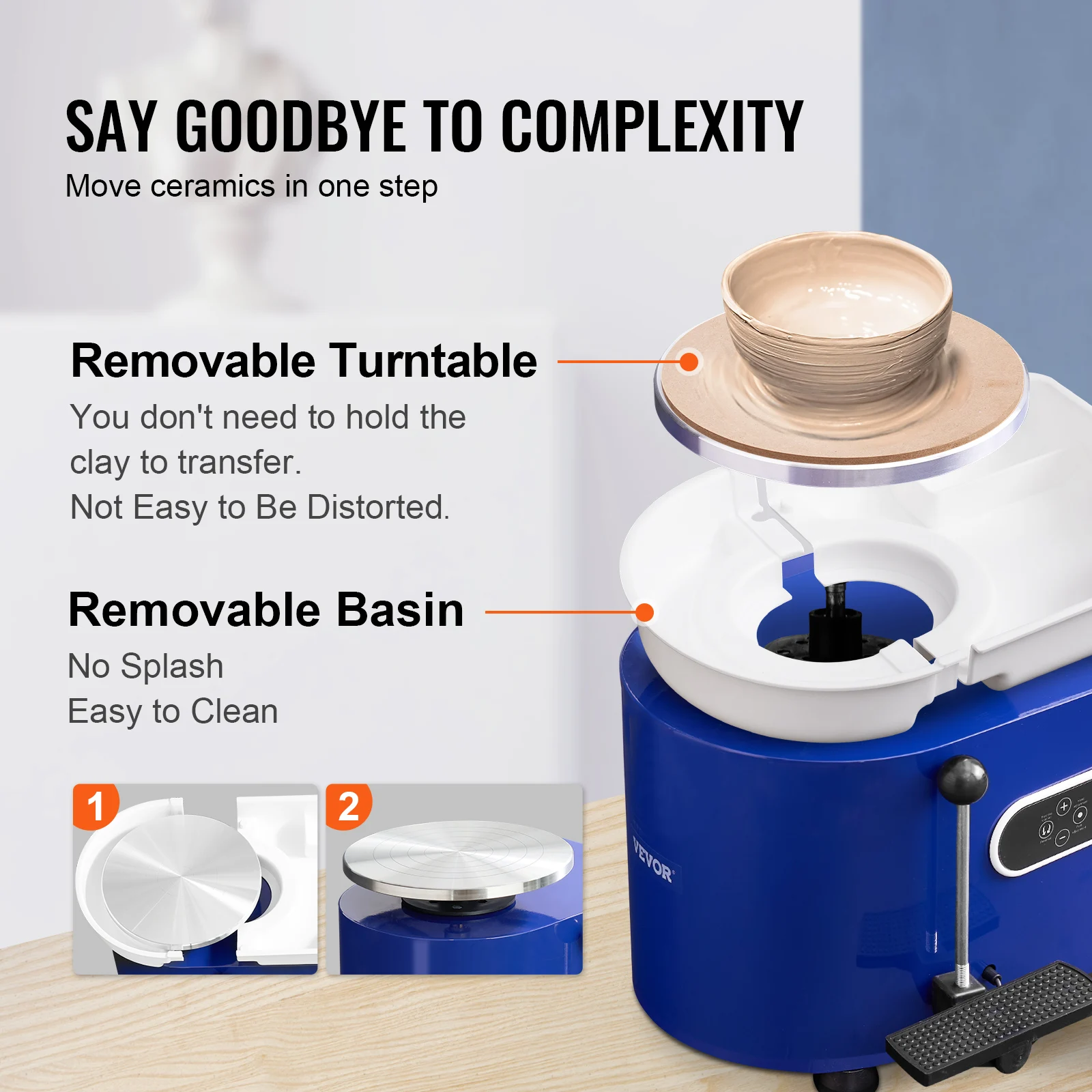 VEVOR 11in Pottery Wheel Ceramic Forming Machine Adjustable 60-300RPM Speed Handle and Foot Pedal Control ABS Detachable Basin 3