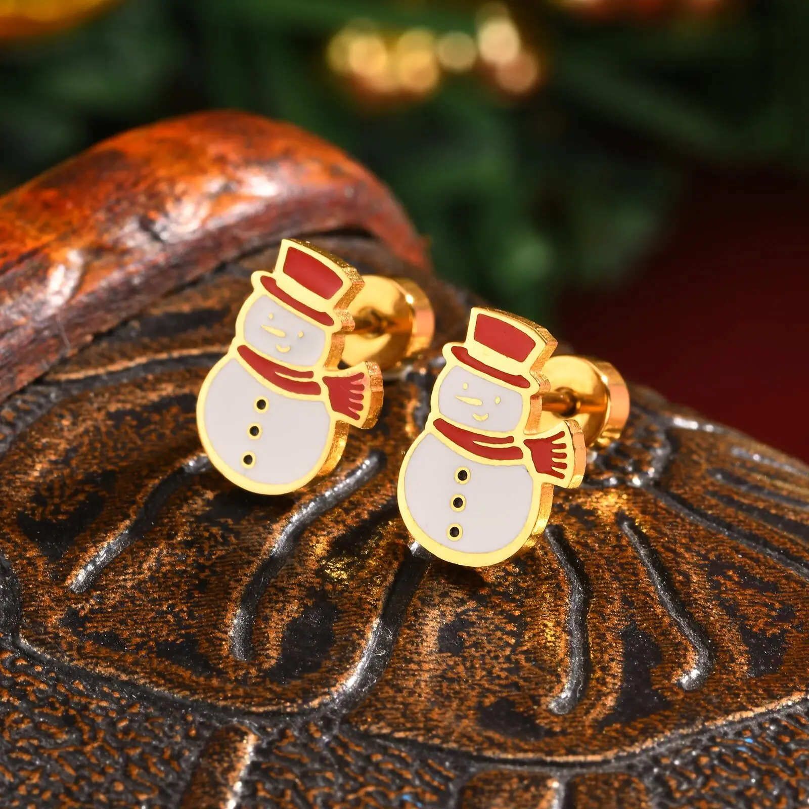 Christmas Earrings for Men Women,Gold Color Stainless Steel Snowman Christmas Tree Stud Earrings,Funny Cute Jewelry Gifs