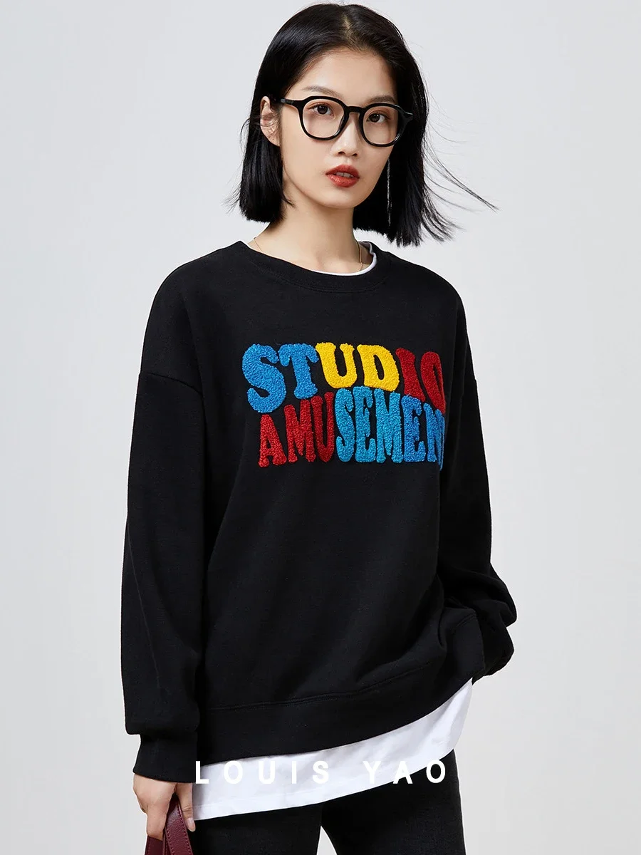 

Женский свитшот LOUIS YAO из двух предметов, новинка 2024, свободные толстовки с длинным рукавом и круглым вырезом, повседневные универсальные топы с вышивкой и надписью