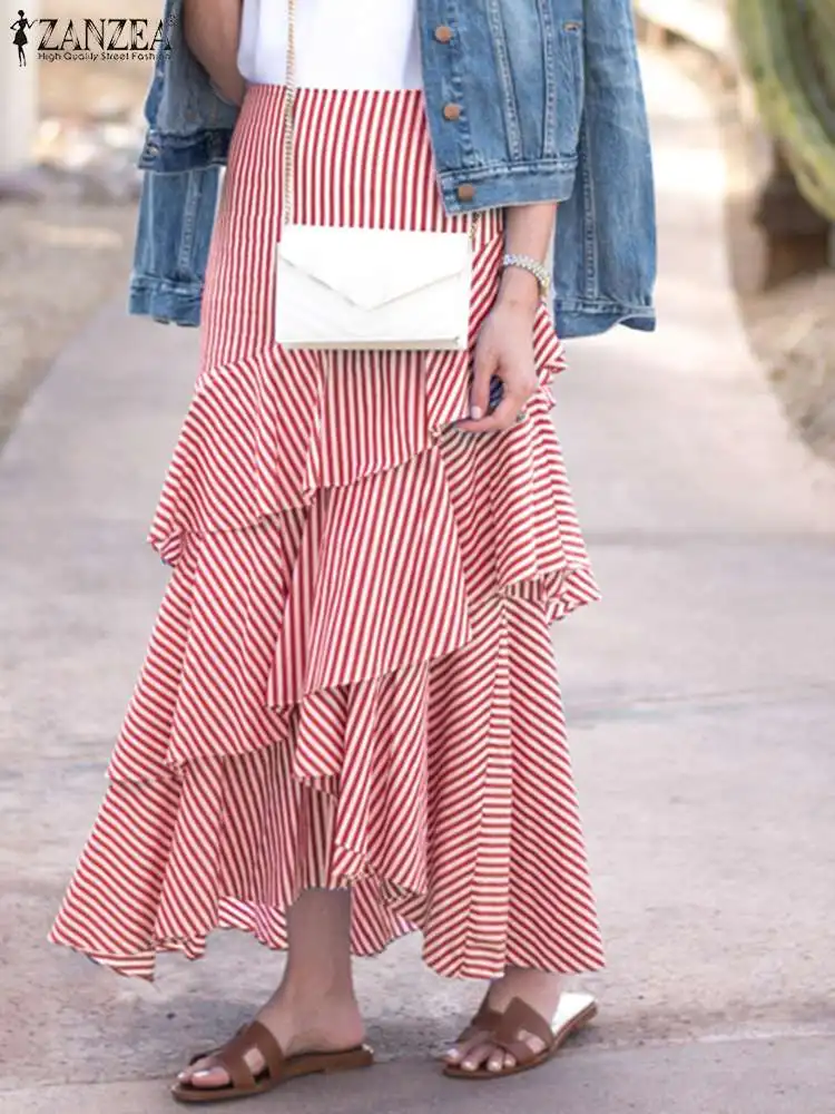 

ZANZEA 2024 Летняя Повседневная Асимметричная юбка, женские модные полосатые юбки, винтажные разнослойные юбки с оборками для отдыха