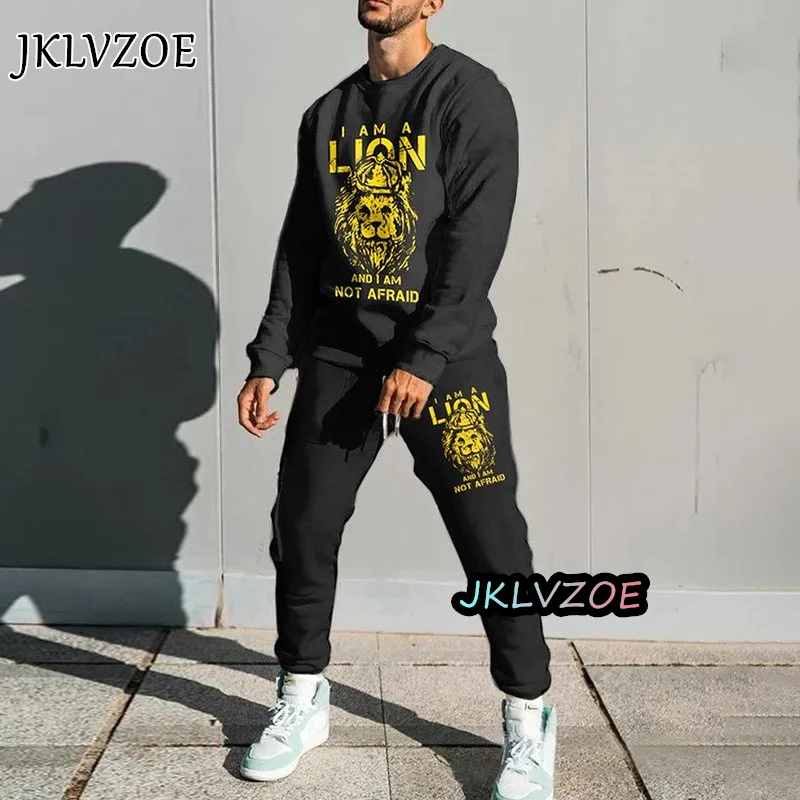 Men Casual Lion Graphic T shirts Tracksuit For Male Jogging Long Sleeve Trousers Designer Clothes 3D Print Oversize Outfit