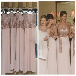 2022 V-Neck Chiffon Rose Gold Sequins Top Long Bridesmaid Dresses Custom Wedding Guest Dresses For Party Gow Brautjungfern Dress