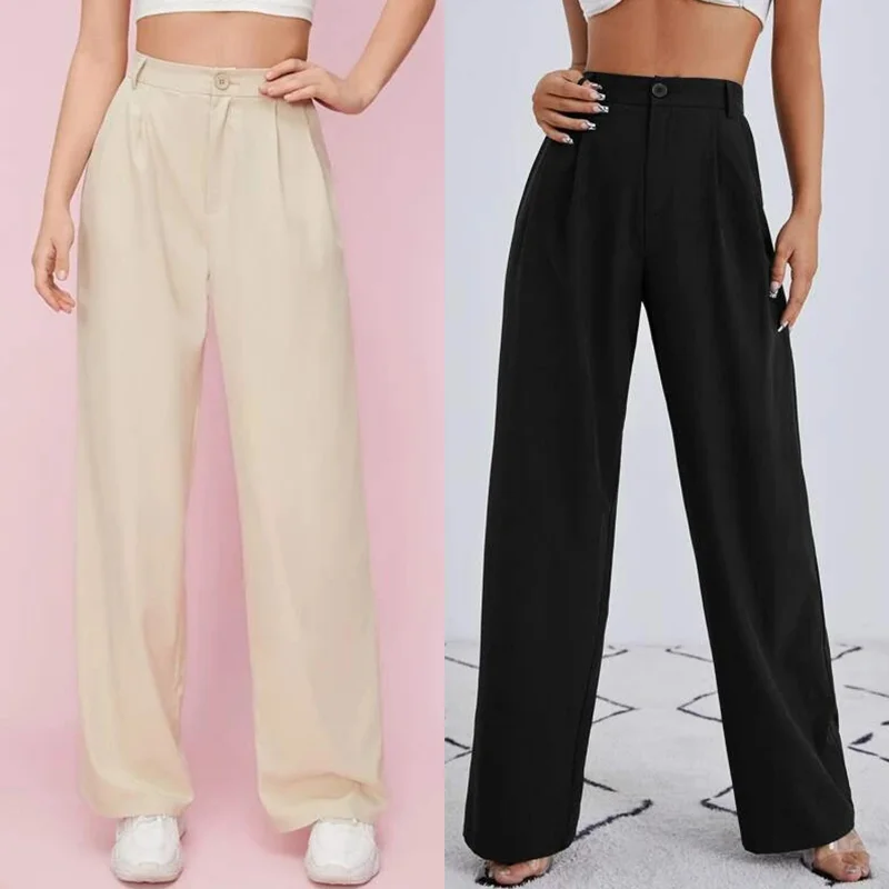 Women Chic Fashion Office Wear Straight Pants High Waist Zipper Solid Color Female Trousers Loose Full Length Vintage Wide Pants fashion gothic high waist jeans women chic side hit color wide leg denim pants female harajuku y2k streetwear straight trousers