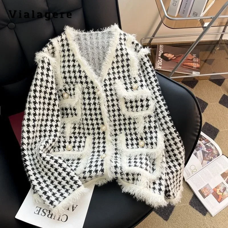 

Vintage Casual Office Lady Tassels Long Sleeve Cardigans 2023 Winter Women's Fashion V-Neck Plaid Print Elegant Sweater Top