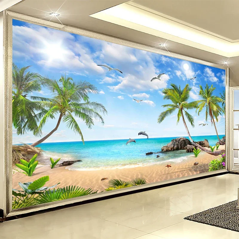 Papel de Parede Foto Personalizada 3d Pintura Moderna para Praia Paisagem Marítima de Coco para Quarto Sala de Estar Mural de Fundo
