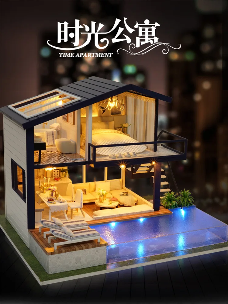 DIY Hut Time 아파트 수제 크리에이티브 하우스 조립 모델 장난감, 생일 선물 미니어처 인형 집 장식 미니어처