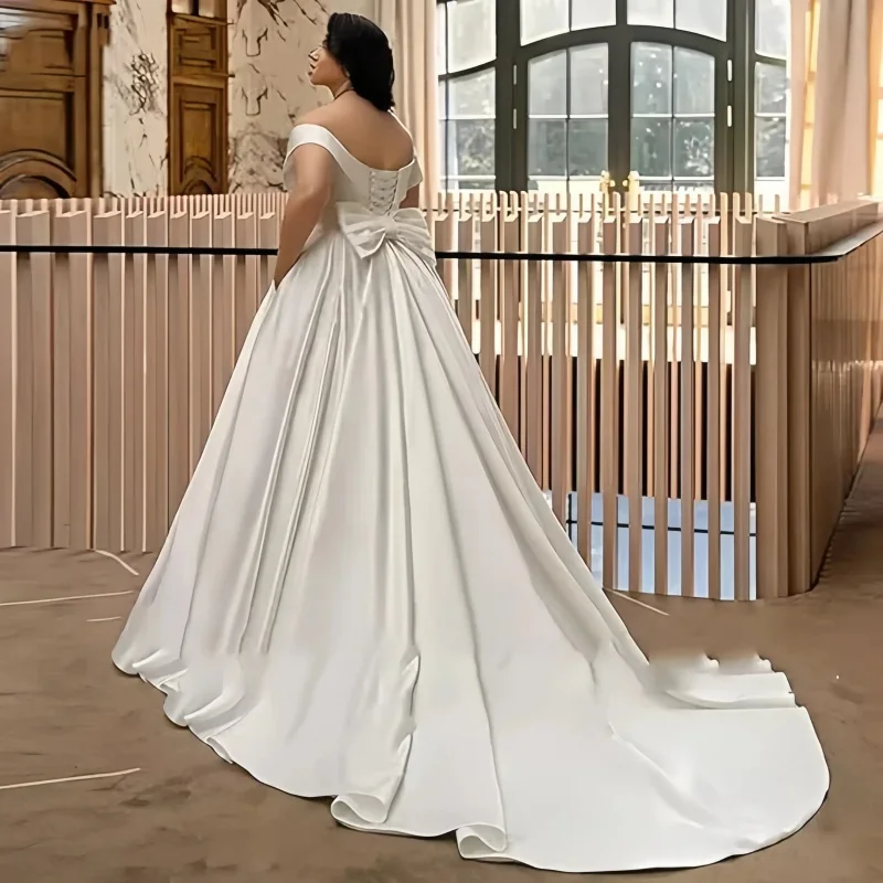 Satin V Neck Plus Size Wedding Dresses Off The Shoulder Lace Up Back Big Bow Pleated Bridal Gown with Pockets and Court Train 4