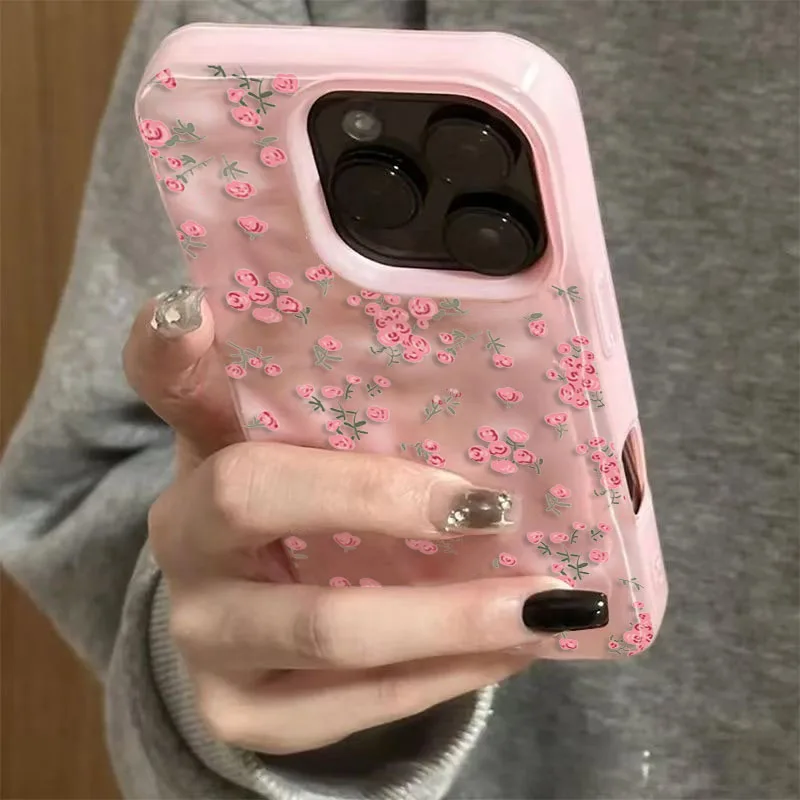 The pink floral pattern elegant TPU silicone shockproof phone case for iPhone 11 12 13 14 15 16 17 Air Pro Max Plus textured soft...
