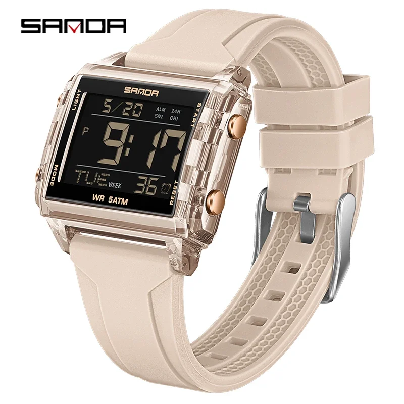 SANDA New Men Women Electron Watch Fashion Square Dial Count Down Timer Waterproof Watch LED Luminous Digital Analog Sport Watch