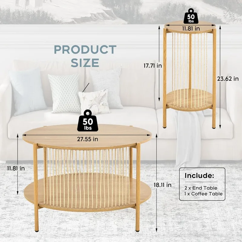 3-piece Boho coffee table set with hand-woven natural rope, 2-story wooden round coffee table and end table set with metal frame 2