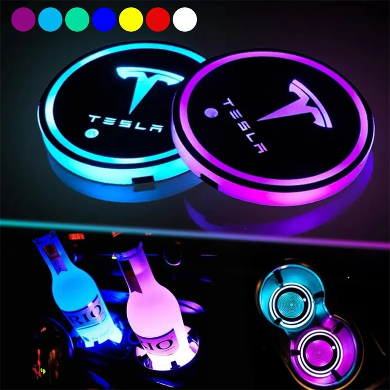 2Pcs 7Colors LED Car Cup Holder Lights For Tesla Model 3 Y X 2021 Changing USB Luminous Coaster Water Cup Bottle Pad Accessories