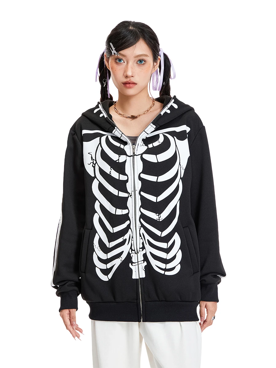 

Men Women Skeleton Pattern Hoodies Glow In The Dark Long Sleeve Zip Up Over Face Sweatshirts Loose Streetwear Tops