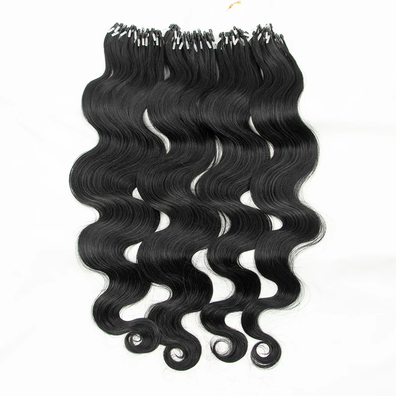 MRS HAIR Body Wave Micro Loop Human Hair Extensions Remy Microring Hair Extensions With Soft Beads #1B 12-26 inch 50strands/Pack