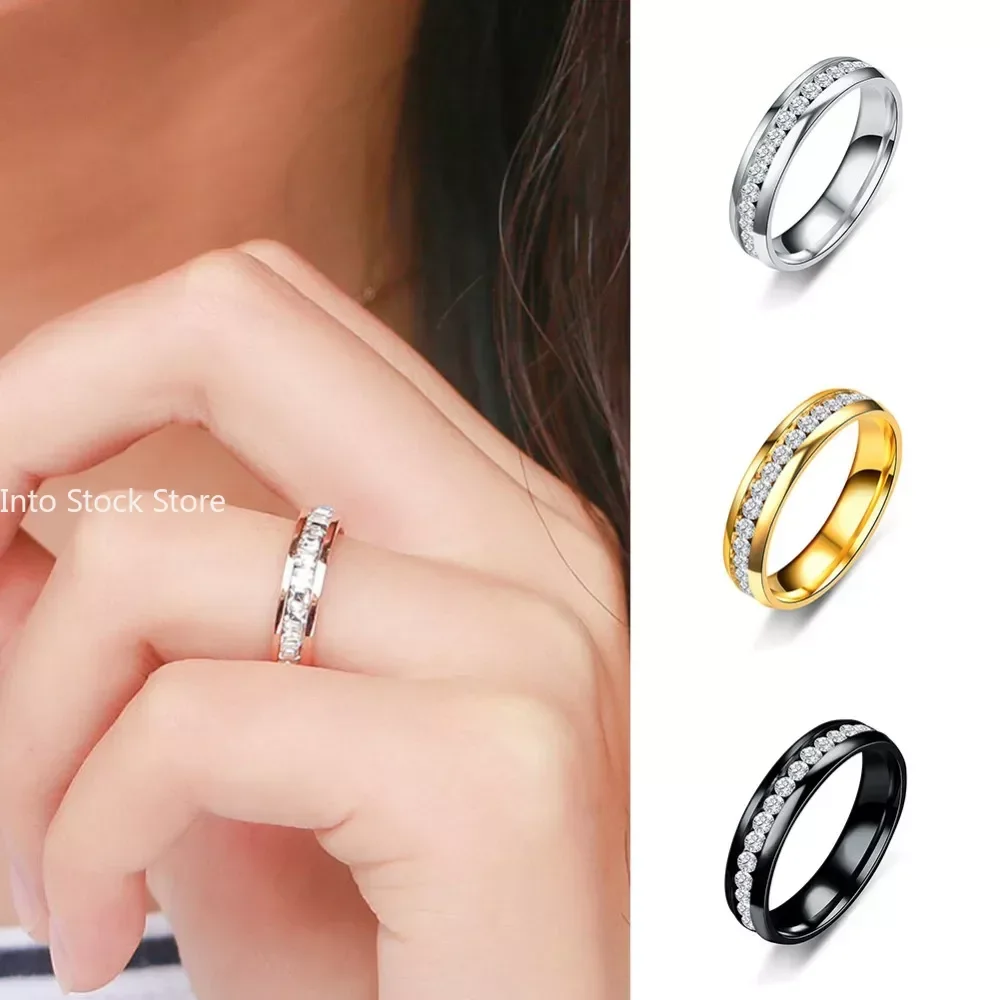 Size US6-13 Gold Silver Plated Black Color Stainless Steel Zircon Couple Ring Women's Ring Men's male female jewelry finger rings zircon rings couple rings stainless steel rings metal rings