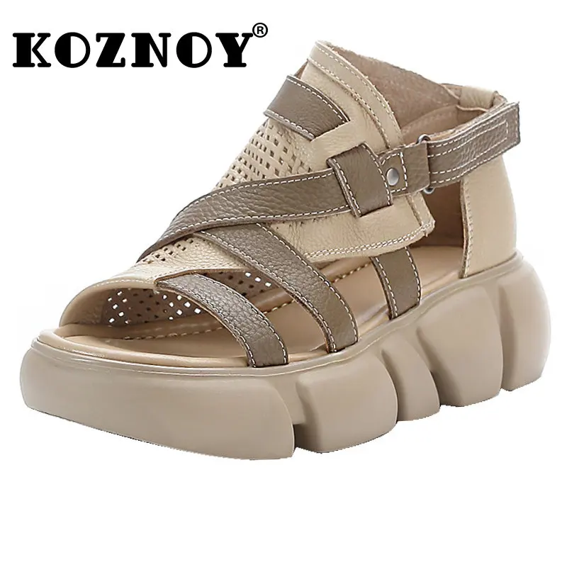 

Koznoy 5cm Ankle Boots Genuine Leather Sandals Women Platform Wedge Leisure 2023 Peep Toe Mixed Color Hollow Summer Ethnic Shoes