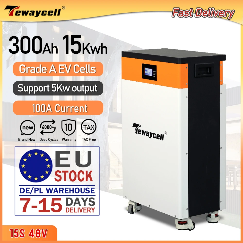 Tewaycell NEW 15KWh 51.2V 300Ah LiFePO4 Battery 48V Powerwall Support 200A 10KW Output Power NO TAX