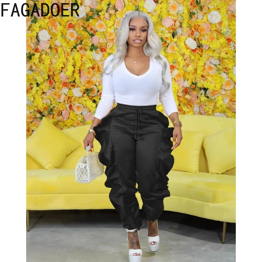 FAGADOER Black Fashion Ruffle Design Pants Women High Waisted Skinny Trousers Autumn Female Solid Color Matching Sporty Bottoms