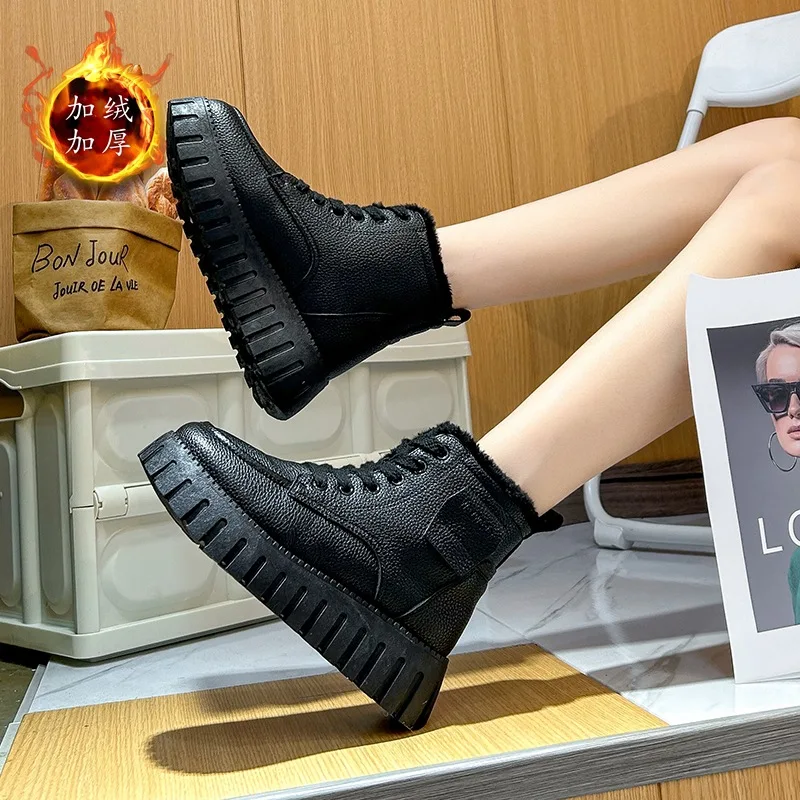 Women's Winter High Top Leather Cotton Boots Thick Bottom Non Slip Were Resistant Waterproof Thick Plush Warm Cotton Boots