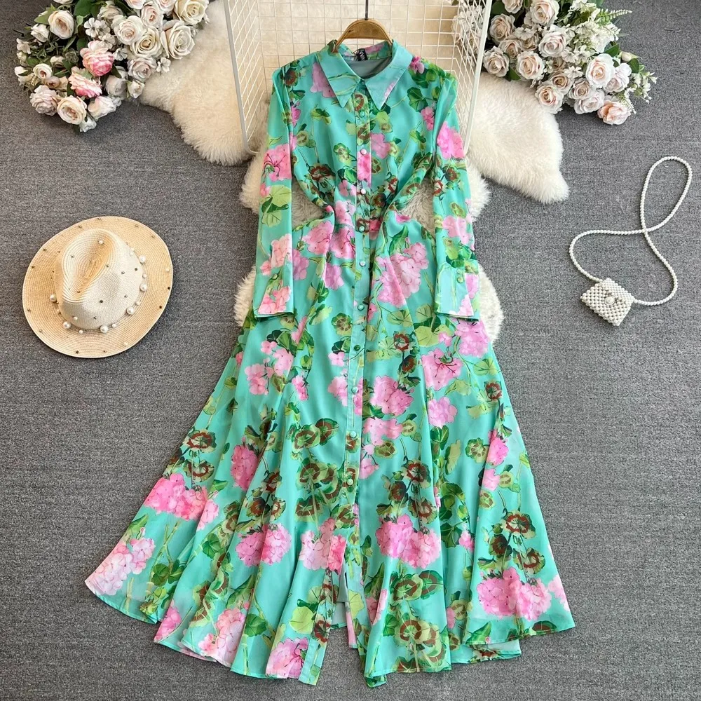 

Runway Green Floral Printed Long Shirt Autumn Dress Elegant New Women Lapel Single Breasted Flower Chiffon Holiday Maxi Vestidos