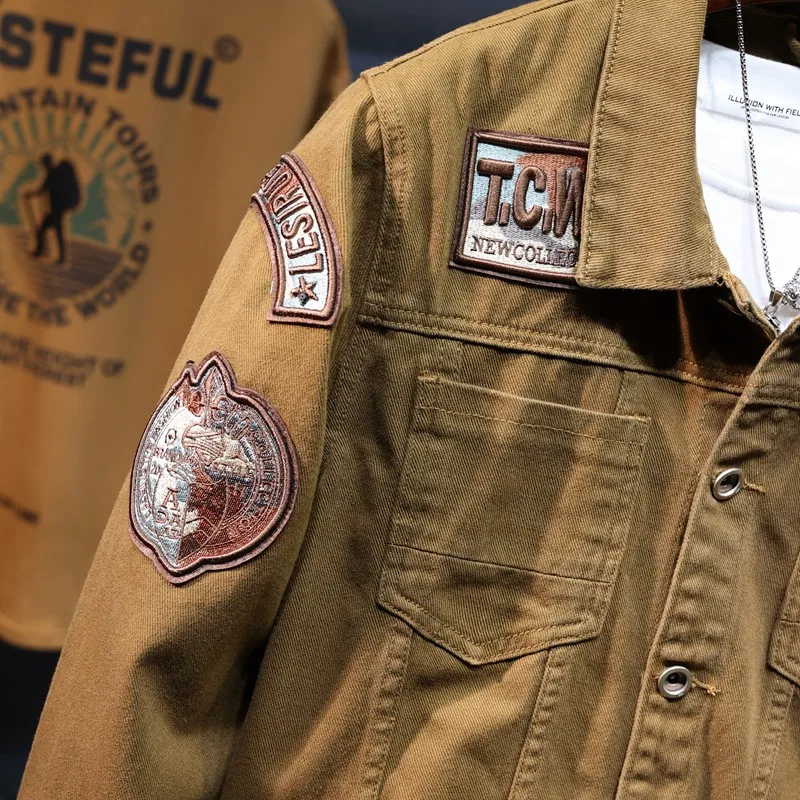 2024 Spring Affixed Cloth Embroidered Chapter New Handsome Denim Jacket Men's Loose Cargo Washed Motorcycle Street Men's Wear