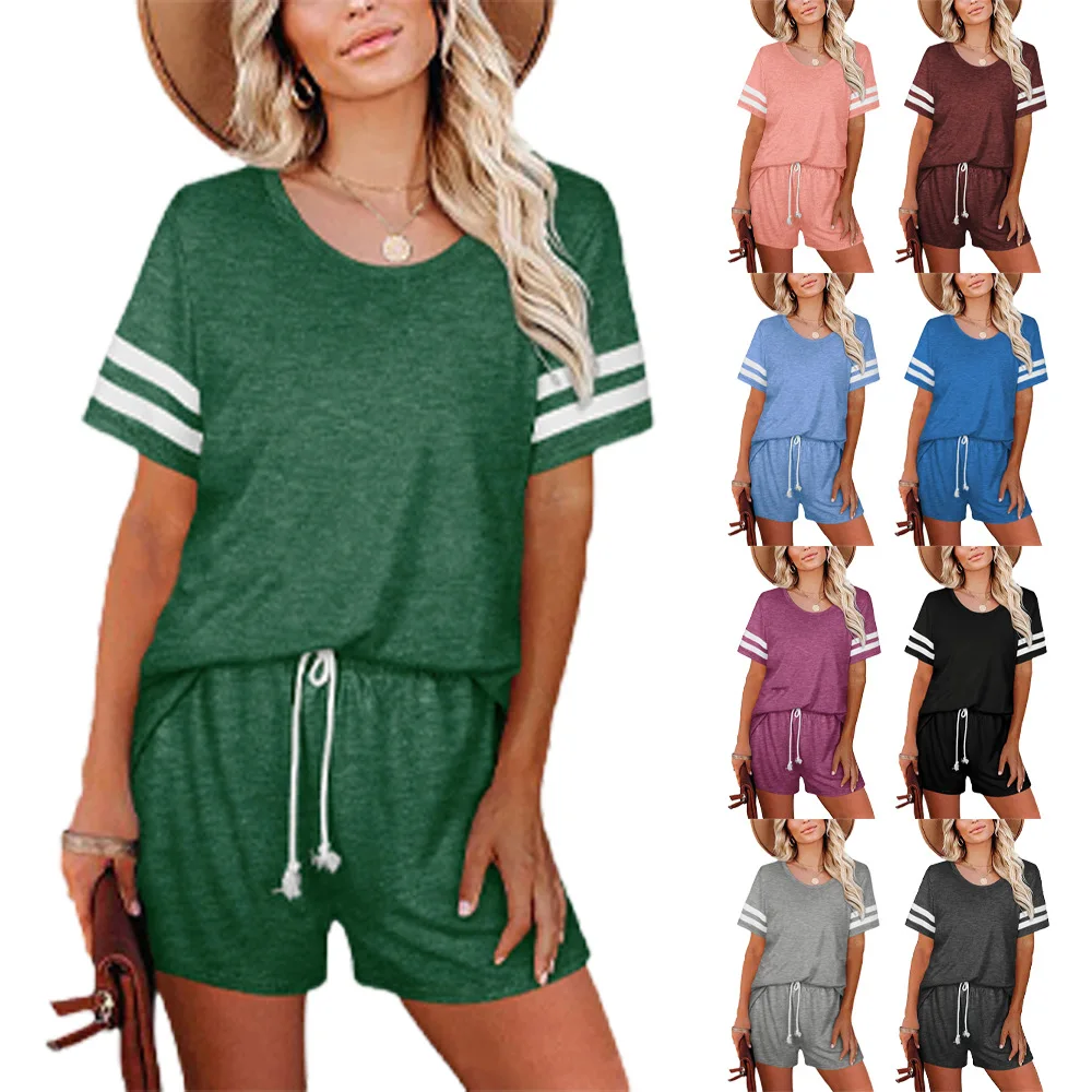 2022 Spring Summer Striped O-neck T-shirt Pocket Shorts Home Two-piece Set for Women Sports Suit Fashion Short-sleeve customized logo two piece set with belt solid color loose fitting at home sports fashion and leisure set