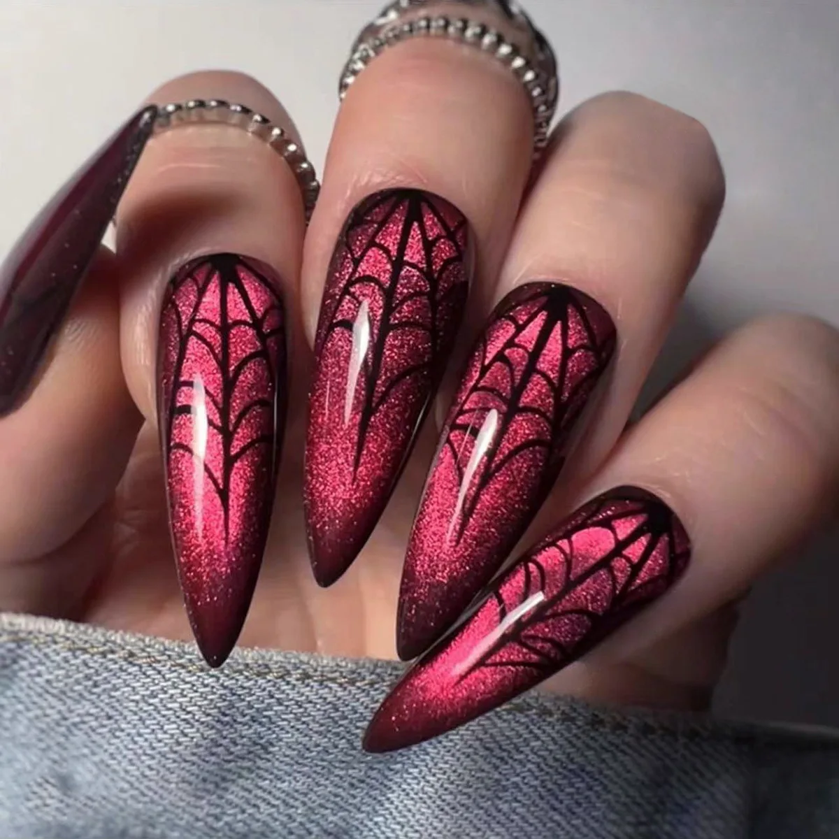 24pcs Halloween Press on Nails Green Cat's Eye Long Almond False Nails with Spider Bat Design Fake Nail Sets Detachable Manicure
