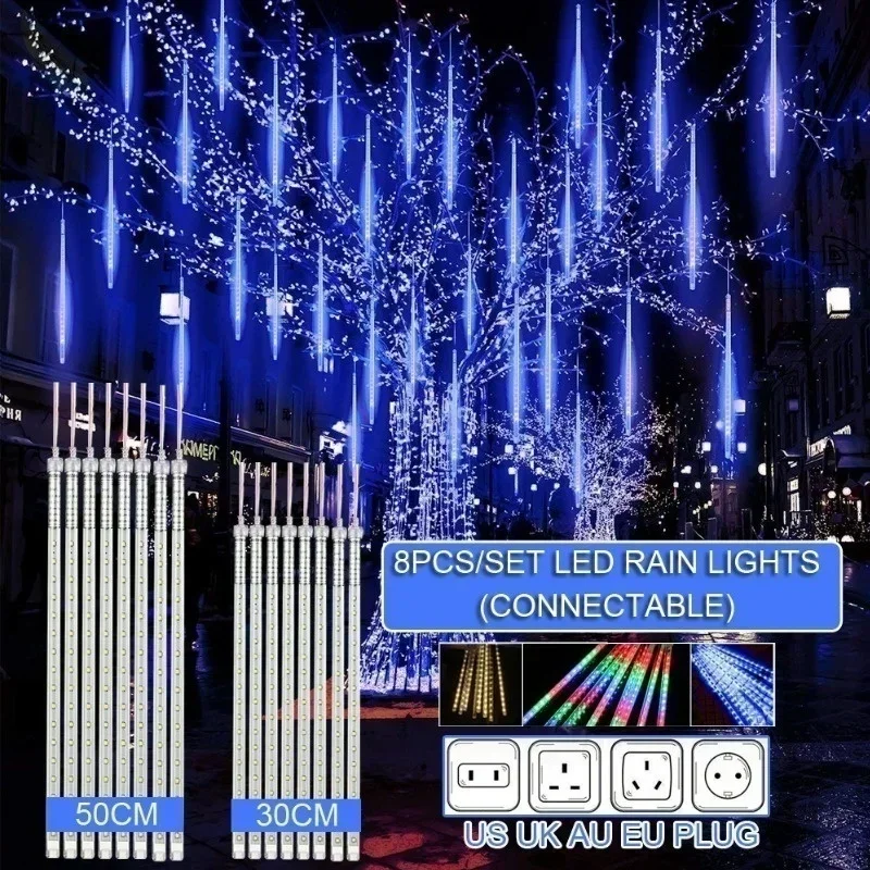 8 Tube LED String Lights 30cm/50cm Waterproof Meteor Shower For Outdoor Holiday Christmas Decoration Tree EU/US/AU/UK Plug