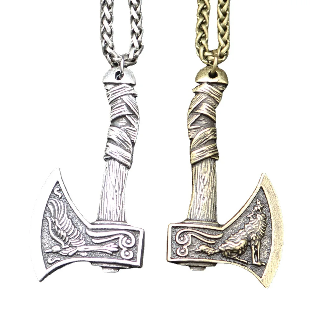 Mens Vintage Norse Viking Animal Raven Axe Wolf Ciondolo Collana Catena Accessori Hip Hop