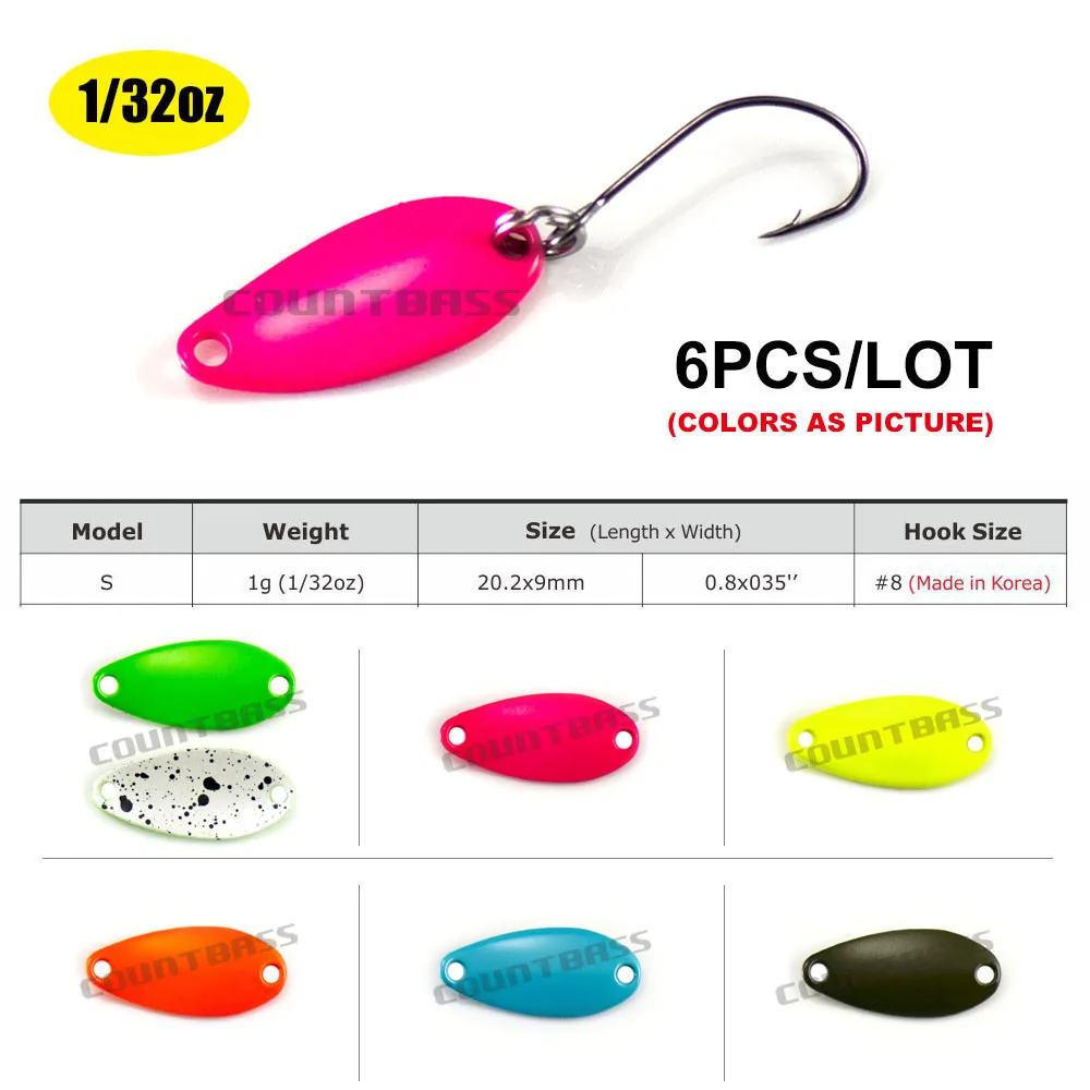 

6PCS COUNTBASS Casting Spoon With Korean Single Hook, Size 1/32oz 1/16oz Salmon Trout Pike Bass Fishing Metal Lure Bait