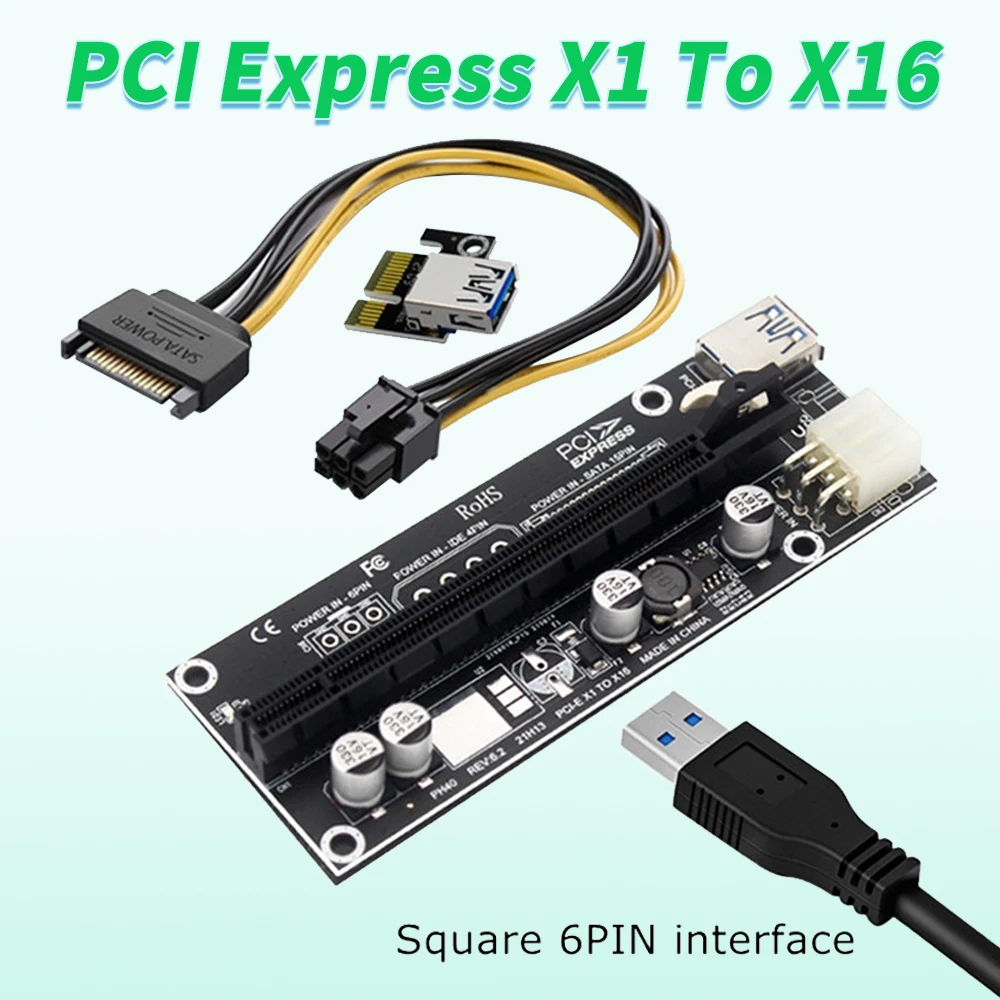 

PCI-E Райзер-карта PCI Express X1 на X16, адаптер USB3.0, SATA, квадратный 6-контактный удлинитель питания PCIe для майнинга биткоинов