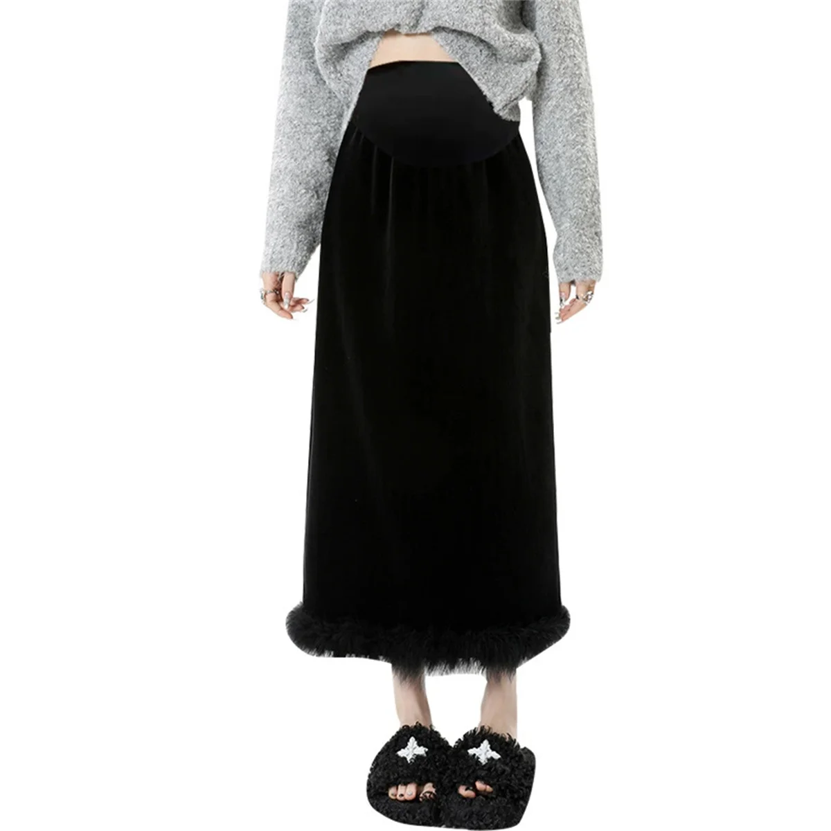 Pregnant women's skirt Black thick velvet skirt autumn and winter plush wrapped hip long straight tube slit